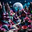 Placeholder: Detailed creepy odd landscape made of modeling clay, naïve, houses, rock formations, people walking, Tim Burton, flowers, stars and planets, Harry Potter, strong texture, extreme detail, decal, rich moody colors, sparkles, clean, bokeh, odd