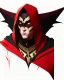 Placeholder: Draw an illustration with a red and black hood and a dragón mask over they eyes, front view