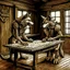 Placeholder: two anthropomorphic wolf stand around the old wooden table. They studying two map which features markings drawing are visible. one map lies down on big wooden table, one map holds his paws, older wolf a gnarled tree leans on a stick, in background the room's massive wooden walls, one little window, high realistic, detailed, cinematic mood