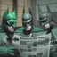 Placeholder: A newspaper photocopy of a dark universe masonic sad drunk batman cosplay convention, green batman, orange batman, cyan batman, white batman. Black an white style.