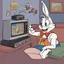 Placeholder: bugs bunny watching a tv about a video game with a pig doing music