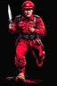 Placeholder: Cuban soldier(uniform and face based on racist steriotypes) running towards viewer, a knife i one hand, and a gun(barrel pointing at viewer) in the other. blocky retro 1960's jack kirby style poster in monochrome with white background