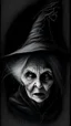 Placeholder: pencil drawing of old witch, Spooky, scary, halloween, black paper