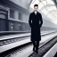 Placeholder: A beautiful slender well dressed tall young man with short hair and a black trench coat, waiting for a woman at night at a train station in London