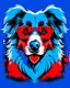 Placeholder: Vibrant, fun t-shirt design of a stylish Australian Shepherd dog with cool sunglasses and relaxed demeanor. The coat is a gradient mix of blue, red and white. The background is a fun red heart-shaped silhouette. The overall design is visually striking and would turn heads on a (((black t-shirt)))