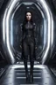 Placeholder: photorealistic slim woman looking like Drusilla with black boots standing at the entrance to a spaceship