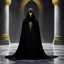 Placeholder: [hooded hidden face with two small yellow eyes] The dark, hooded figure known as the Nazgul stood silently behind a towering column in the opulent palace, its presence shrouded in mystery and foreboding. The hooded cloak billowed ominously around its form, concealing any glimpse of a face or identity. Shadows danced across the marble floors as the figure observed the lavish surroundings with a sense of detached malevolence.