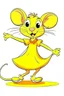 Placeholder: cartoon style: cute little mouse dancer in yellow dress. The mouse bends one foot up, and hold onto that foot with your same-sided hand. free hand is lifted over your head.