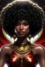 Placeholder: you are a modern futuristic artist, and I want you to generate a hyper realistic woman with dark skin and curly big hair with gold jewels and rubies and a ruby colored dress