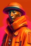 Placeholder: Pharrell Williams dressing in orange, cyberpunk, ultra realistic