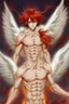 Placeholder: An anime adult male angel with messy red hair, gold eyes, large feathered white wings that looked burned