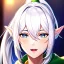 Placeholder: Clear focus, 8k, beautiful lighting, vibrant colors, Elf, White hair, ponytail, hair in between the eyes, up close,