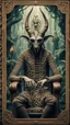 Placeholder: Pans labyrinth, framed playing card, close up portrait of a happy blessed immaculate dissolved ancient magical scaly slimy weird alien mad max soldier posing for photo shoot on a throne, holding a burning sceptre, in a space alien mega structure with stairs and bridges woven into a sacred geometry knitted tapestry in the middle of lush magic jungle, bokeh like f/0.8, tilt-shift lens 8k, high detail, smooth render, down-light, unreal engine, prize winning