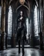 Placeholder: Beauty of Queen Vampire Gothic,Full a length image full body Pretty bigbusty female dark creepy gothic makeup,pretty eyes,black metal rock clothes gothic style,tight black leather jacket heavy metal punk rocker style,cinematic colors,walk in dark castle room,bats flying surrounded