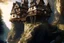 Placeholder: small wooden medieval gothic twisted house built into a cliff, trees, balconies, walkways, bridge, sunshine, lake