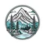 Placeholder: mountains river, cedar tree, rhododendron on the front, all on simple vector emblem