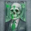 Placeholder: a head and shoulders portrait of a skeleton dressed in a three-piece suit as the president of the united states, based on us currency, united states one dollar bill, shades of green, real-life, colors match the united states one dollar bill, realistic, robotic, black and white