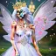 Placeholder: fantasy fairy with transparent wings, smiling, make up, long platinum blond hair with crown and flowers, pink dress