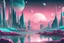 Placeholder: teal and aquamarine and pink space world sci-fi futuristic landscape cityscape with planets and stars in an illustrated anime style