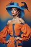 Placeholder: full body beautiful girl, elegant orange,lace clothes of the 80s, luxury style, small elegant hat with feather, hair of the 80s, pearl necklace, earrings masterful, beautiful face,blue backdrop