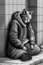 Placeholder: One single mature homeless cat with worn out clothes, sleeping in a corner on the street, Vienna, mourning, model style, hyper realistic, extremely accurate, delicate, extremely detailed, Graphic novel style, wide-angle, open aperture, superfine pencil