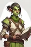 Placeholder: Dungeons and dragons half orc tomboy. She has green skin and pointy ears. She is kind. She had a wide face. She has short hair. She carries a book. She is in a tavern. Realistic style