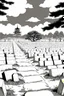 Placeholder: landscape, Japanese open air flat cemetery with thousand gravestones, high detail, manga style, grayscale