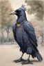 Placeholder: Pencil colour drawing. Anthropomorphic raven dressed in empress Elizabeth style standing in a park in Vienna