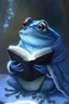 Placeholder: a very happy iceblue young toad wearing a black scarf and reading a sorcery book