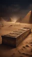 Placeholder: Hyper Realistic haunted view of Egyptian mummy coffins outside Pyramids with sandstorm at dark night