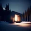 Placeholder: analog film style - small front elevation of a centered minimal house squared off and centered in frame on a landscape at night lit by ambient twilight. The house is dimly cool lit from the inside, casting a soft glow on the fresh snow around it. The background features tall, icy trees below aroura borealis sky, with subtle hints of snow falling silently. The scene is quiet and still, evoking a sense of liminal isolation in the midst of a cold winter's evening.