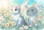 Placeholder: two cute anime chibi cats on either side of the picture looking at a pigeon in the top centre of the picture, flying with an envelope in its mouth in sunshine, flowerfield, watercolor and black ink outlines, ethereal, cinematic postprocessing, bokeh, dof