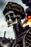 Placeholder: ultra high definition image of an attractive but scary looking skeleton, rising from the ashes, a war veteran, partially humanlike characteristics, army beret and ripped amo wear, very detailed, chaotic background, dramatic close-up action shot of him on a burned out war tanker with a torpedo on shoulder ready to fire and ammo ,gothic and dark theme, 12k