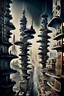 Placeholder: a stunningly weird image of a futuristic metropolis using Salvador Dali's paranoiac-critical method, where buildings and structures appear to melt into the skyline cityscape is filled with floating mad, twisted sharp metal shapes that interact with the buildings and each other, forming a surreal tableau of a dreamlike reality. neu-steampunk vibe, essence of the scene in a cinematic manner, with dramatic shadows that enhance the distorted perspectives and bizarre