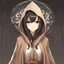 Placeholder: anime, female hooded figure, black hair, brown robe