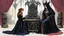 Placeholder: [colour illustration for Sorceress (1982)] Leigh Harris as the dark Lady of Whispers sits upon her ornate throne looking down at Lynette Harris the poor farmer woman knelt before her, her eyes downcast in a mixture of fear and defiance.