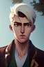 Placeholder: The handsome and perfect portrait is on Spruce Street, anime, blonde-haired and green-eyed male character on the beach for the magazine, 8K resolution, high quality, ultra graphics, and detailed with lines.