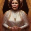 Placeholder: hyperspace background, complete and photo realistic detailed head to waist stunning photo realistic portrait of carrie fisher as Princess Leia in star wars with photo realistic updo hair by Mandy Jurgens and mucha and Richard Schmid and chuck close and chie yoshii, extraordinary and detailed ceremony dress of star wars,brown eyes