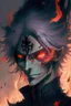 Placeholder: Anime with wight hair and black clothes and power fire and eyes of sharengan and good face and blood in face