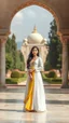 Placeholder: Create an ultra-realistic portrait of a young Iranian woman in Hafezieh (Tomb of Hafez) in Shiraz, Iran. The atmosphere is peaceful, quiet, and empty, with the beautiful tomb of Hafez clearly visible in the background, surrounded by Persian gardens, green trees, and traditional architecture. She is wearing a beautiful long white and canary yellow doll-like Iranian-inspired dress, elegant and dreamy, with a soft flowing fabric, delicate feminine design, and a charming romantic Persian style. The