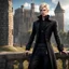 Placeholder: Hyper realistic human male with pale skin and wearing dark black fantasy noble clothes, wearing a hat and glasses. with short blonde hair and blue eyes, looks like a final fantasy 15 character, full body picture, castle in the background, only five fingers on both hands, young looking face