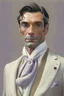 Placeholder: Man in his 40s, thin, clean-shaven; he wears and Ivory double-breasted suit and a silk scarf of the same color; careful look