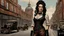 Placeholder: full-height portrait of a woman with straight shoulder-length black hair, with metal arms and legs, dressed in leather trousers, and a waistcoat, in a busy Victorian street next to a steampunk car