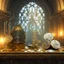 Placeholder: dynamic lighting, Intricately detailed, Splash screen art, deep color, Unreal Engine, volumetric lighting, silver coins, gold coins, silver treasure, stacked coins, indoors, altar, black table, sigil, shiny, windows, cathedral,