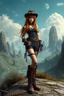 Placeholder: Photorealistic full-height photo of a skinny girl in steampunk clothing and boots with long, dark ginger hair in a fantasy landscape