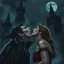 Placeholder: a dark castle, gothic style, a vampire biting a beautiful young woman's arched throat