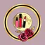 Placeholder: A circular logo designed for a cosmetics store with the symbol of the moon, which is decorated with cosmetics and nail polish, lipstick, body spray, and with a rose at the bottom, and gold, black, red, pink, and red colors are used in it.