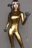 Placeholder: Beautiful perfect perfectly centered photorealistic bronze robot, silver and gold French maid outfit long hair, shiny metallic silver hair, full-body portrait by Reisha Perlmutter, Rudy Nappi, medium shot