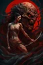 Placeholder: A dramatic digital painting portraying a warrior-girl and horror monster under the Red Moon, veins pulsing, claws of temptation visible, soul in turmoil. In the style of Salvador Dali and Van Gogh , vivid colors, swirling brushstrokes, highly detailed, 8k resolution, surrealistic., juicy emotions, painting, gloomy fantasy, gloomy day, dark world, portrait, oil and graphite, wide strokes, a weaving frame around, by Ryohei Hase, Agnes Cecile, Raymond Swanland, Anne Bachelier