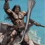 Placeholder: high-angle shot of a [Conan the Barbarian] holing an ((axe)) and standing on a cliff overlooking the sea, monsters in the water by Barry Windsor-Smith, extremely detailed face, full-body